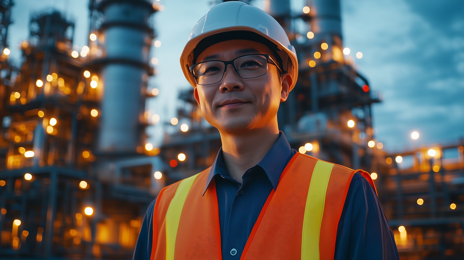 A confident senior Asian engineer with glasses, wearing a hard hat and high-visibility vest, standing proudly in front of a massive industrial power plant silhouette at dusk